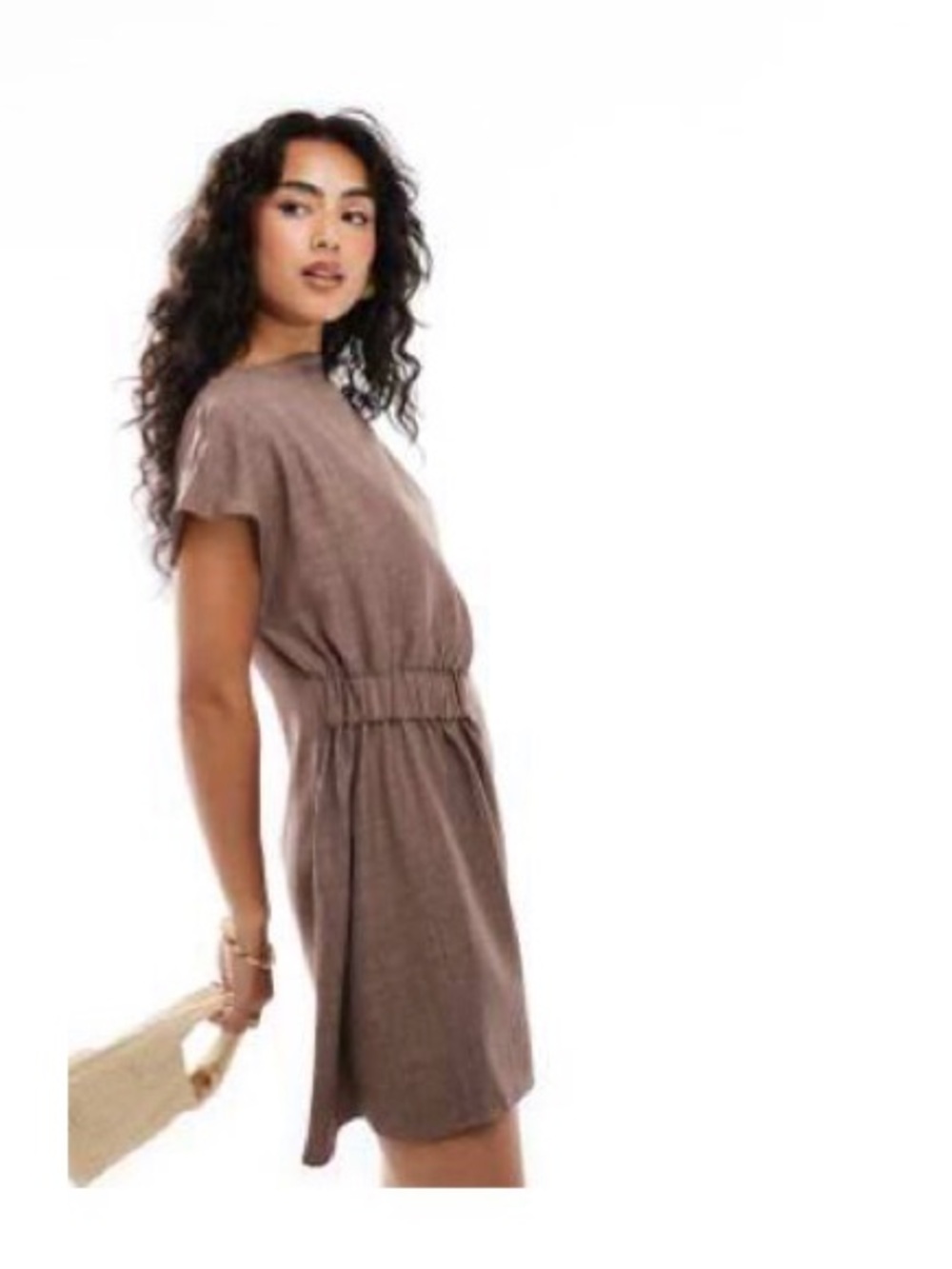 Classic Short Sleeve linen-look Brown Cinched-Waist Dress